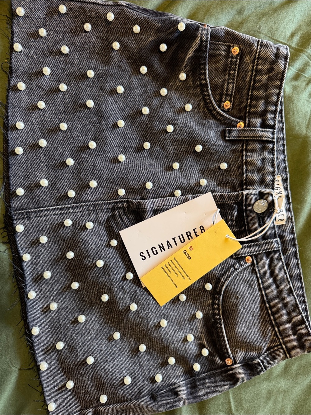 Signature8 Women's Black Denim Mini Skirt with Pearl Studs